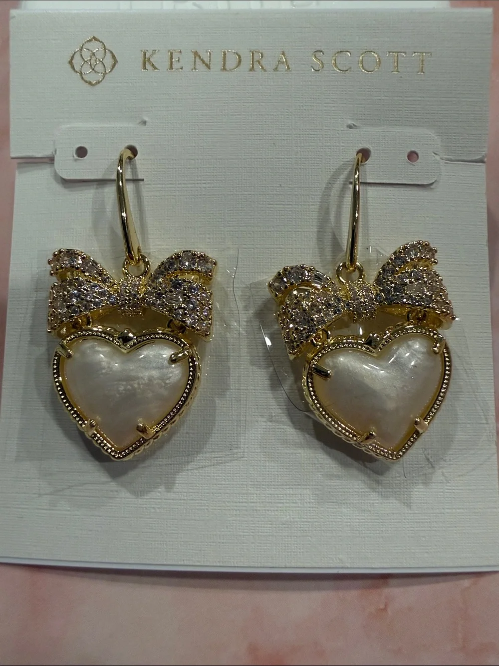 Kendra Scott | Gold Plated Heart, Pearl & Crystal Bow Drop Earrings - Picture 3 of 3